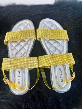 ELDITAS Yellow Rhinestone Strap Slide Sandals, Size 8 in kids